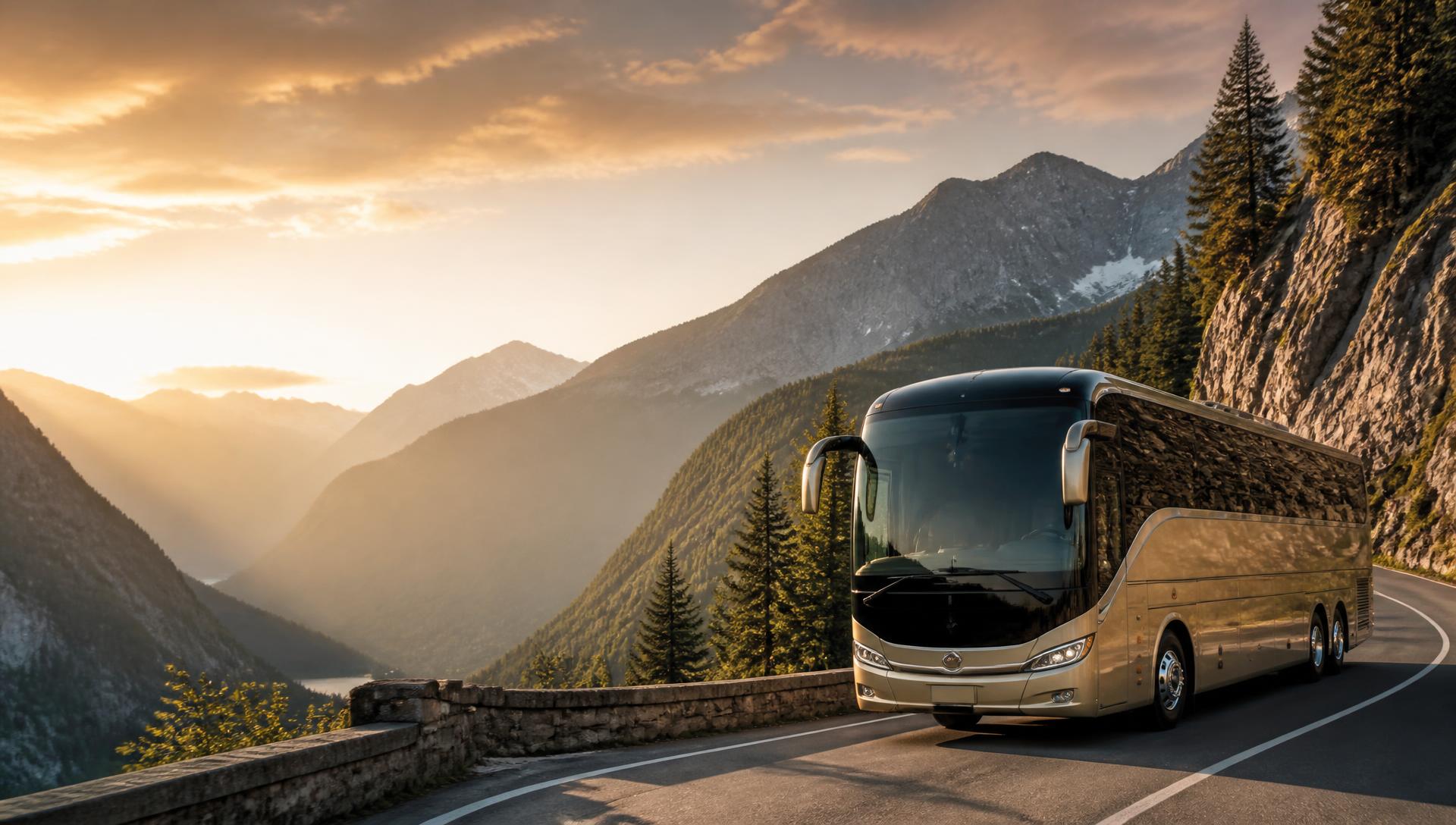 Luxury tour coach on a winding Alpine road at golden hour